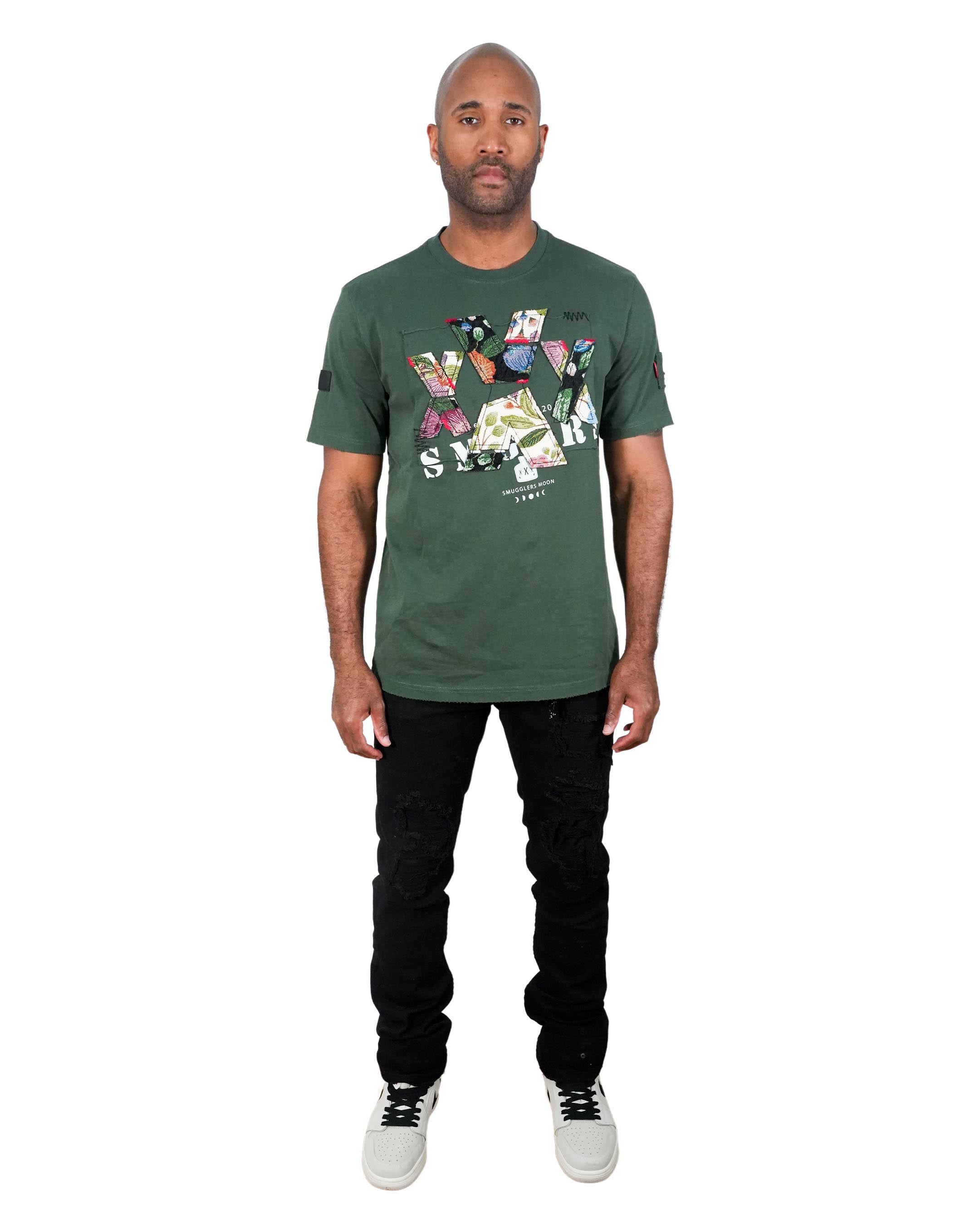 Cash on Delivery Roses Embroidered Knit Dark Olive T-Shirt