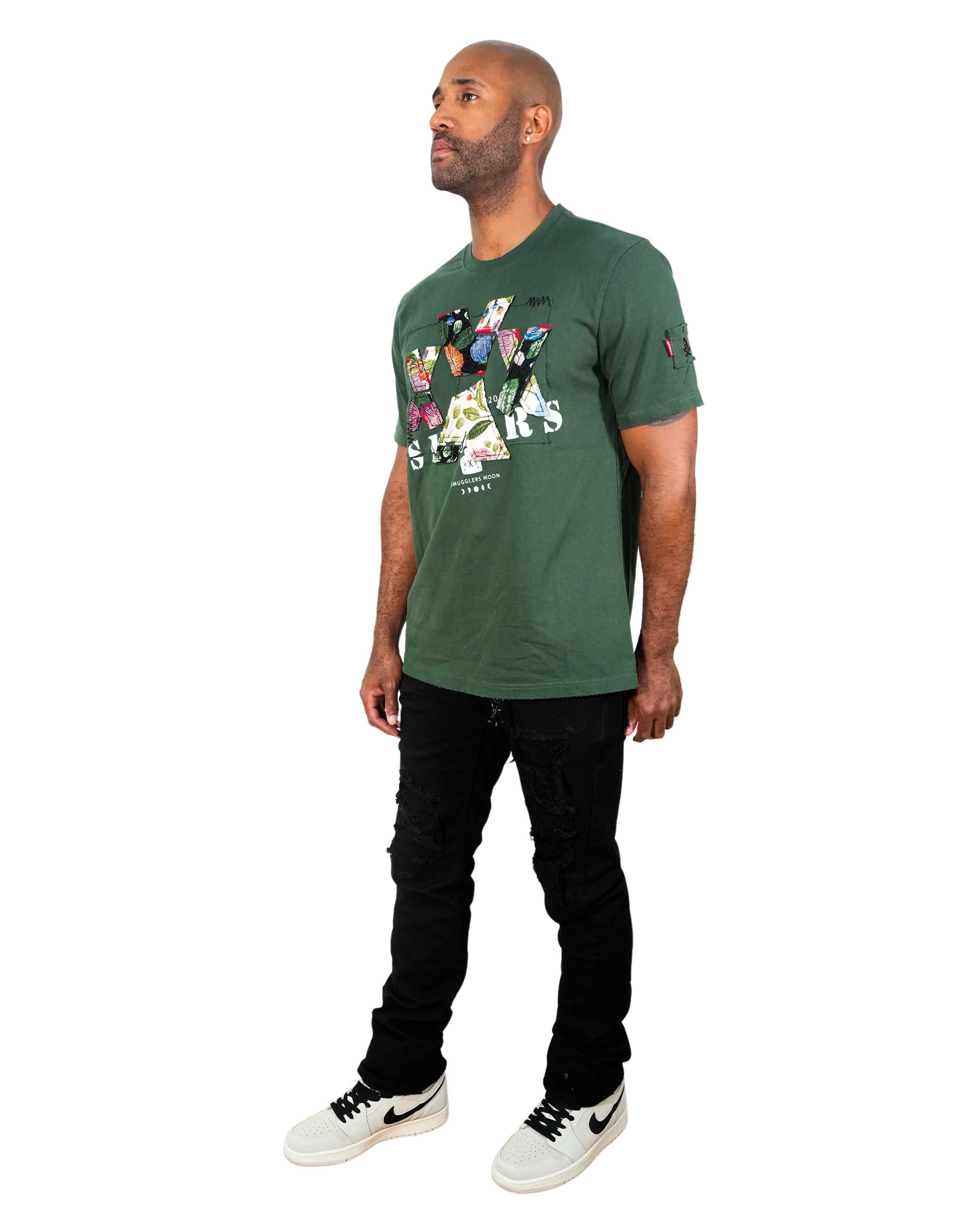 Cash on Delivery Roses Embroidered Knit Dark Olive T-Shirt